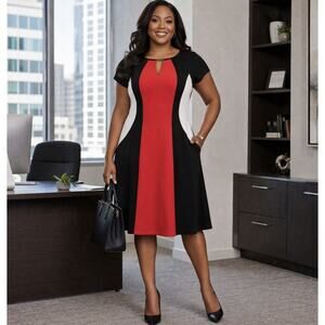 Sandra Darren Dress 22W Red Black White Colorblock A-Line Keyhole Short Sleeve